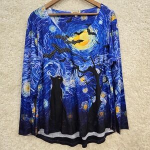 One World Womens Novelty Tunic Top Size XXL Starry Night‎ Cat Bat Witchy